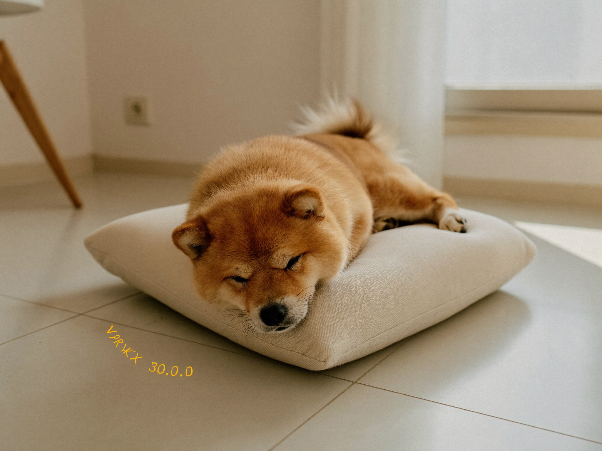 거실 방석에 자리 잡은 소형견