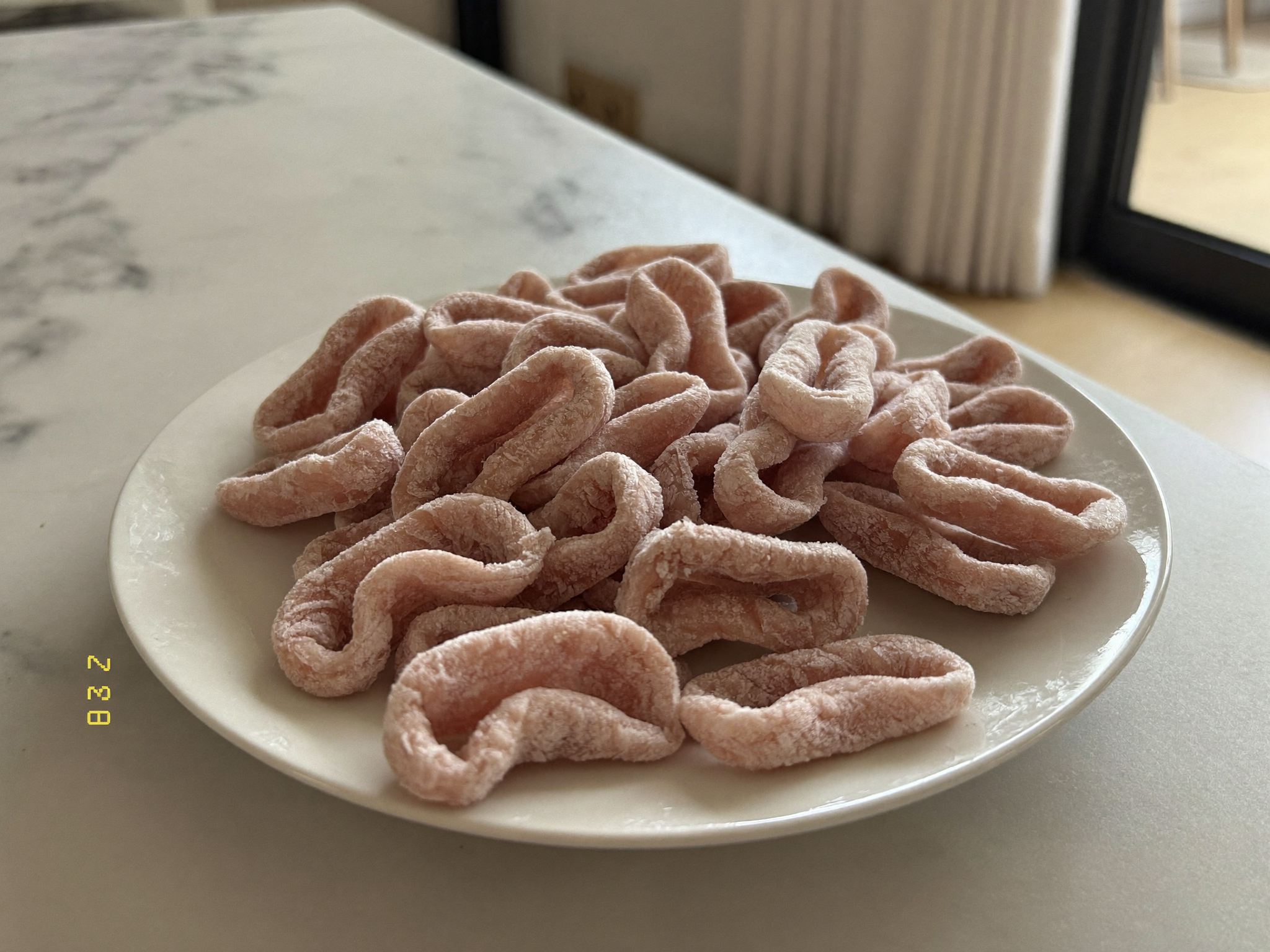 흰 접시에 담긴 작은 동결건조 간식